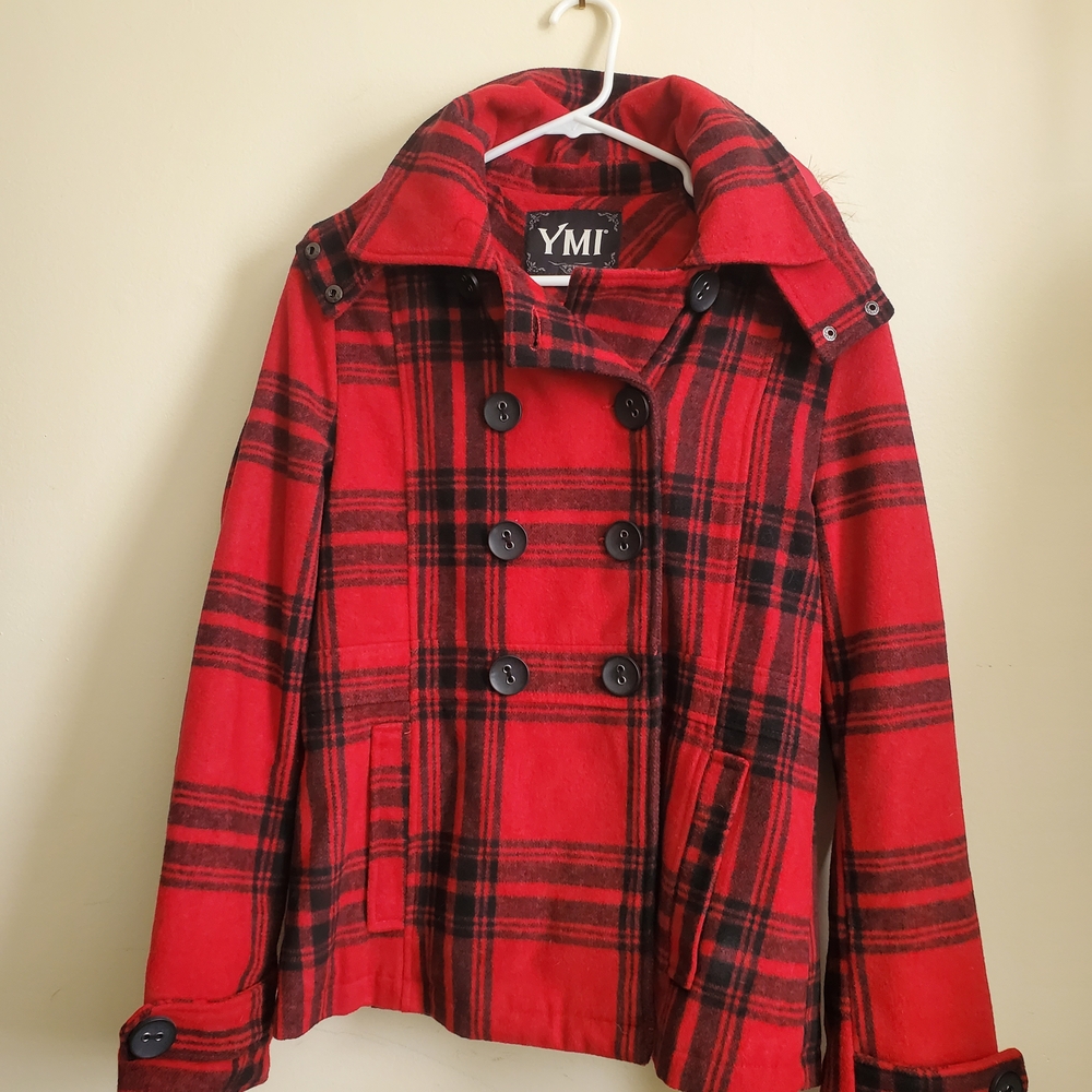 YMI Women's Bold Red and Black Plaid Pea Coat with Hood